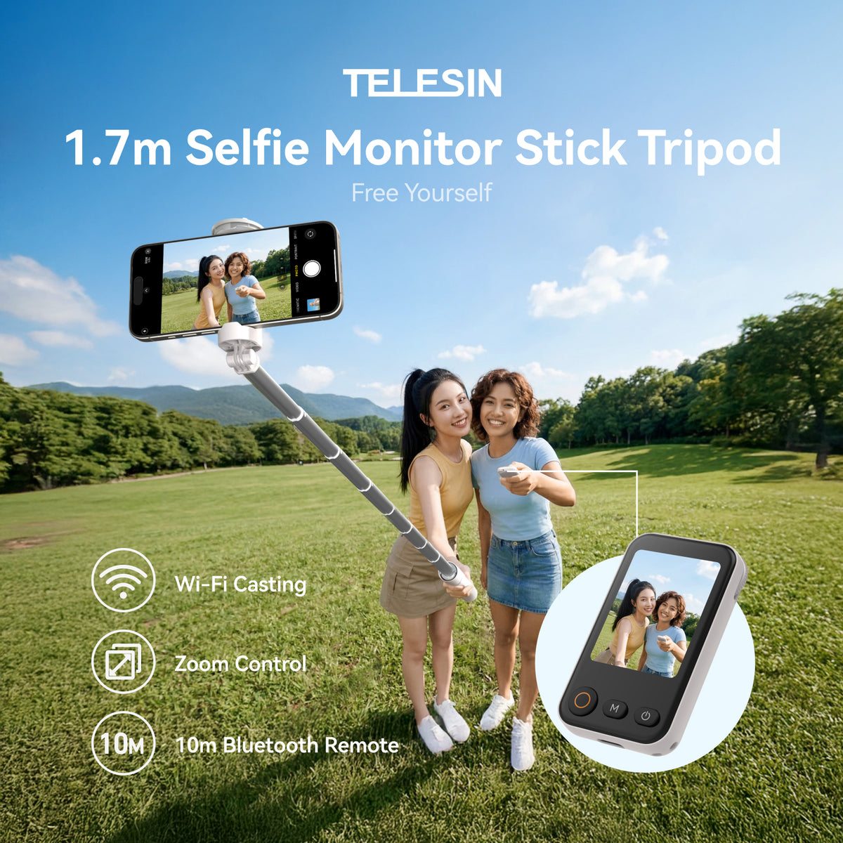 Telesin 1.7m Portable Selfie Stick Tripod with Screen Mirroring