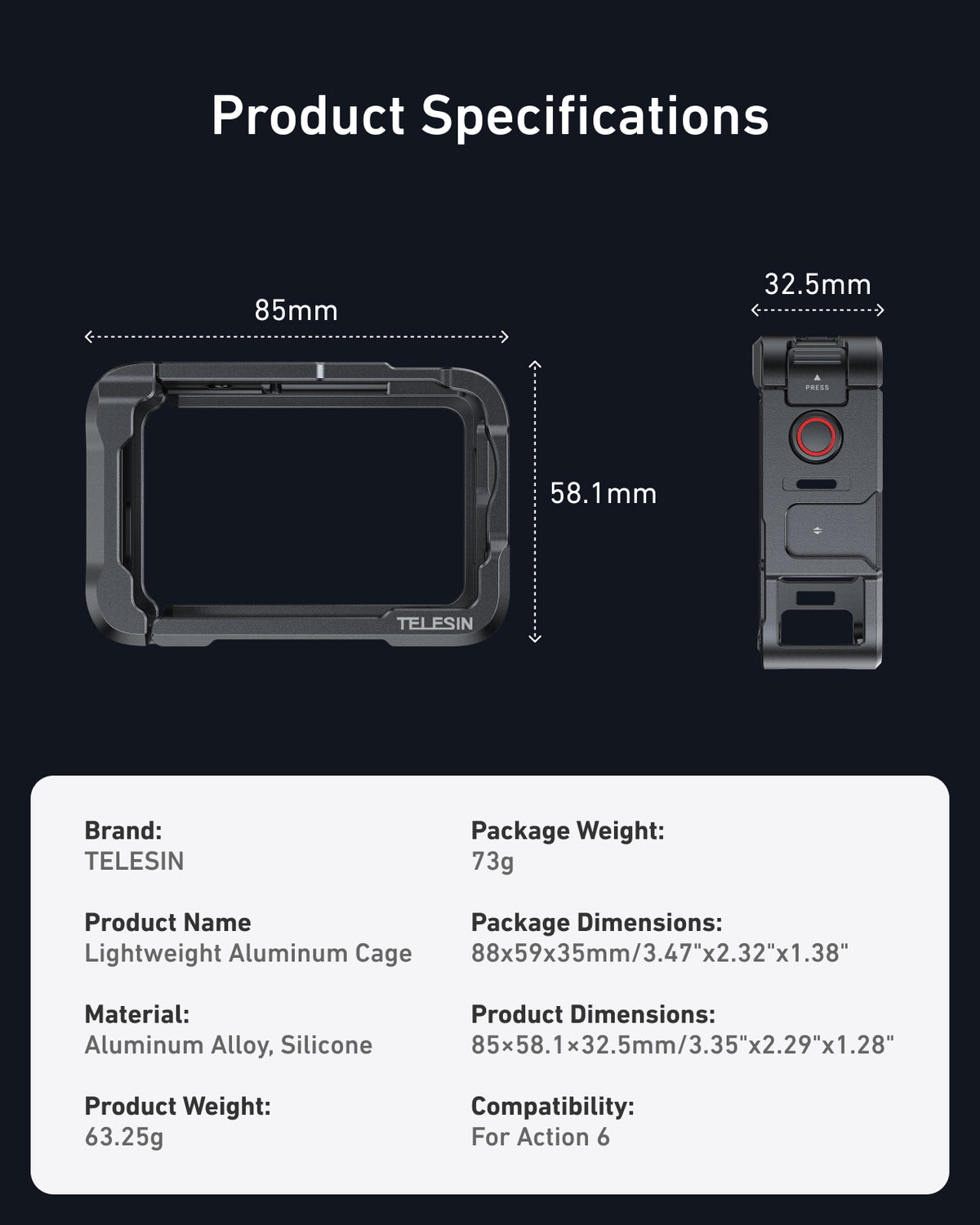 Telesin Metal Cage for Action 6