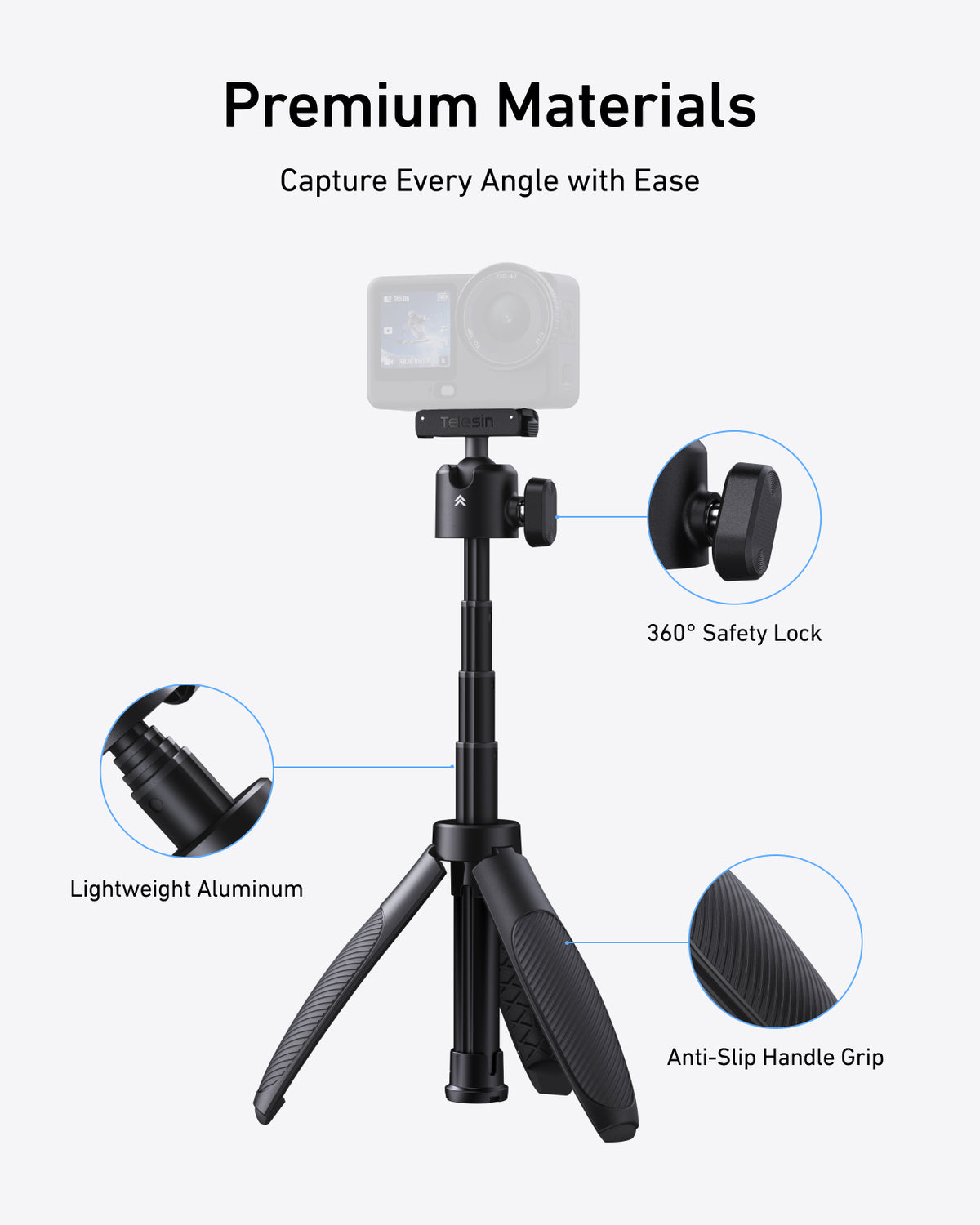 Telesin Mini Selfie Stick with Dual-Direction Magnetic Quick Release