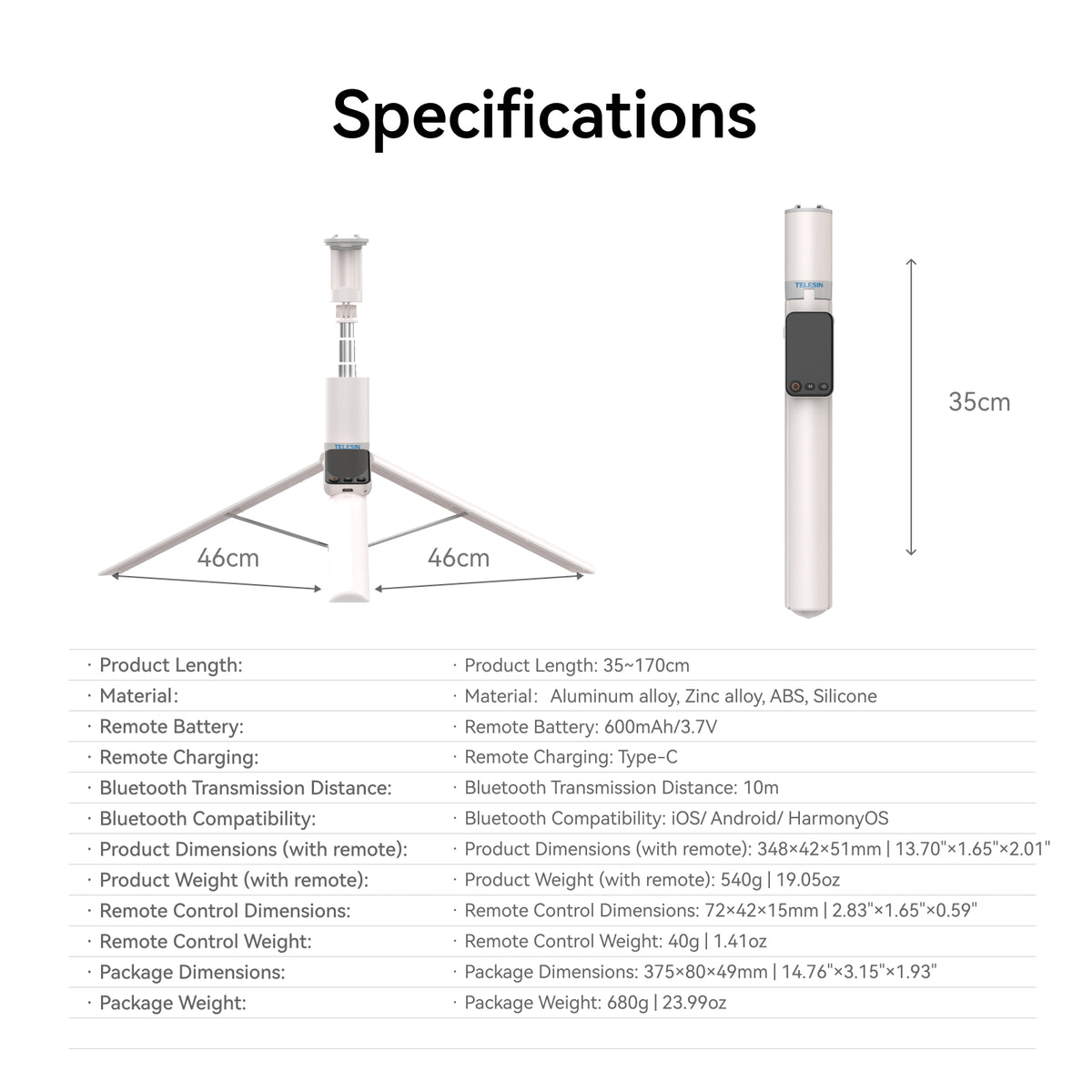 Telesin 1.7m Portable Selfie Stick Tripod with Screen Mirroring