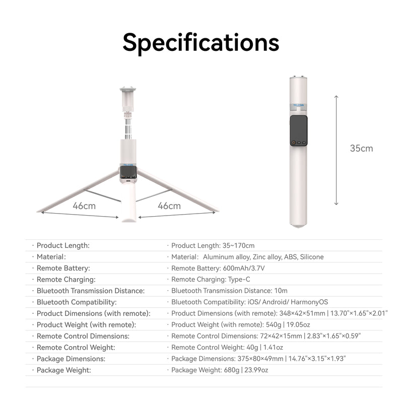 Telesin 1.7m Portable Selfie Stick Tripod with Screen Mirroring
