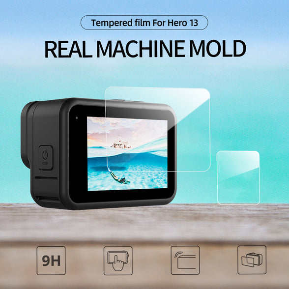 TELESIN tempered glass screen protector installed on GoPro Hero 13, showing full-screen coverage