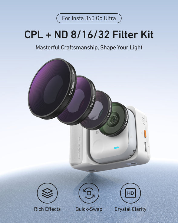 Compact TELESIN Insta360 GO Ultra filter kit showing CPL and three ND filters side by side