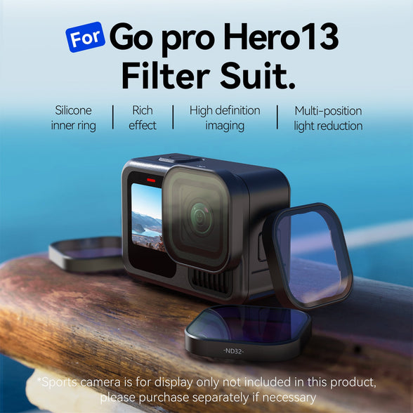 Complete TELESIN GoPro Hero 13 CPL and ND8 ND16 ND32 ND64 filter set laid out with storage case