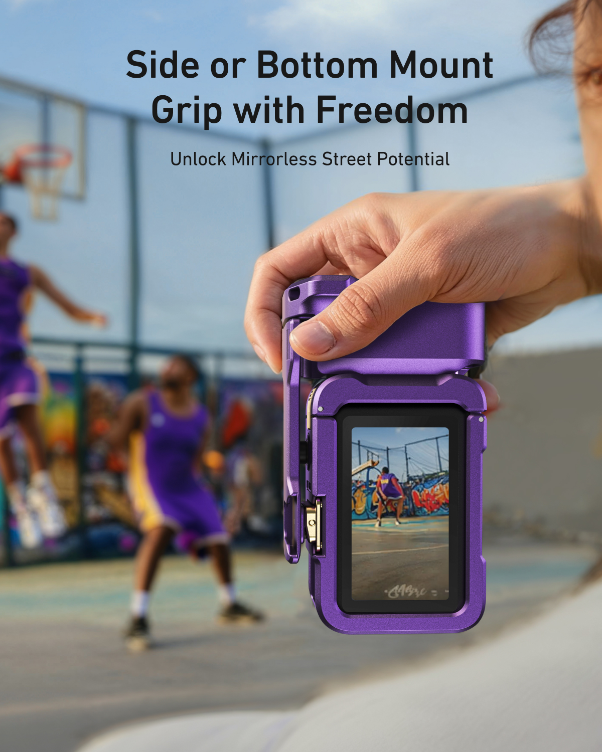 Full view of TELESIN StreetGrip Kit showing metal cage, side grip and quick-release access for Action 6
