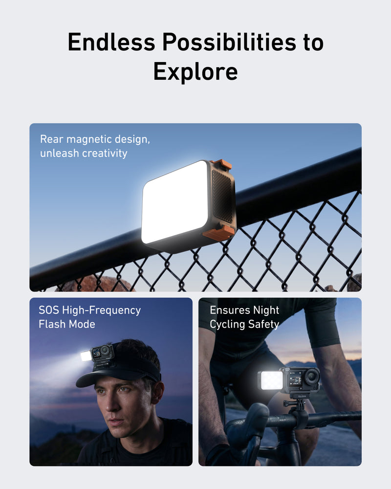 TELESIN Magnetic Quick-Release Fill Light in a nature setting, illuminating the subject with 100% brightness