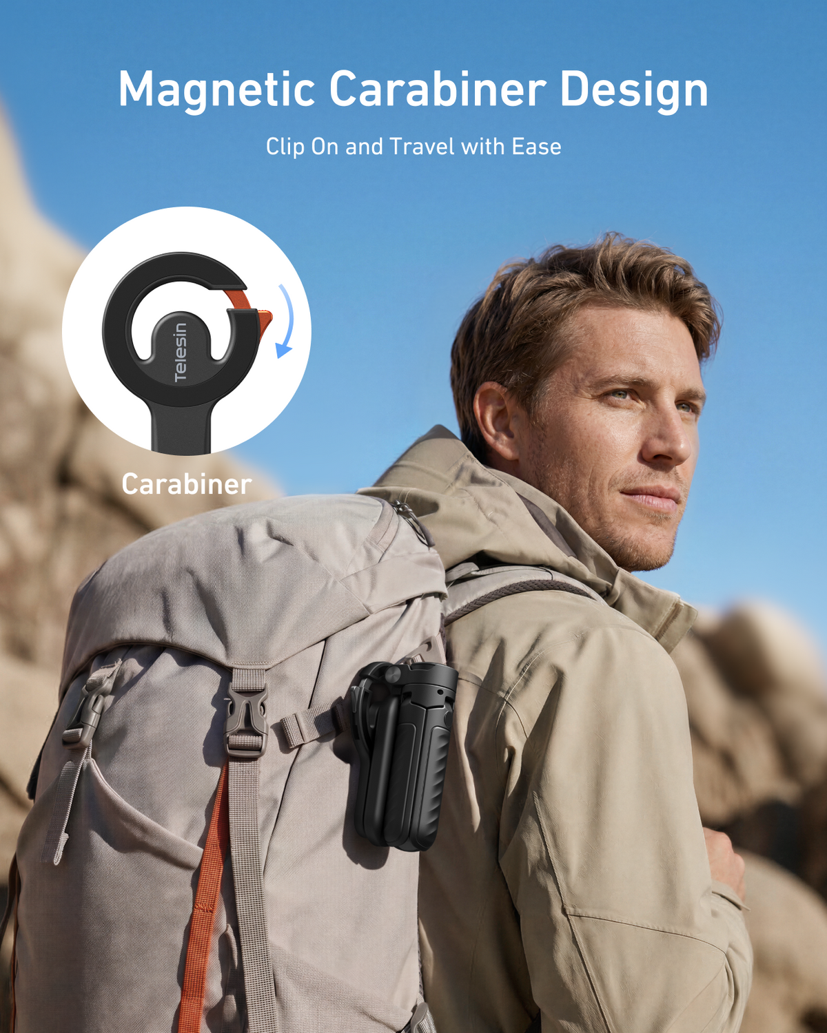 Telesin 4-in-1 Magnetic Selfie Stick with Carabiner