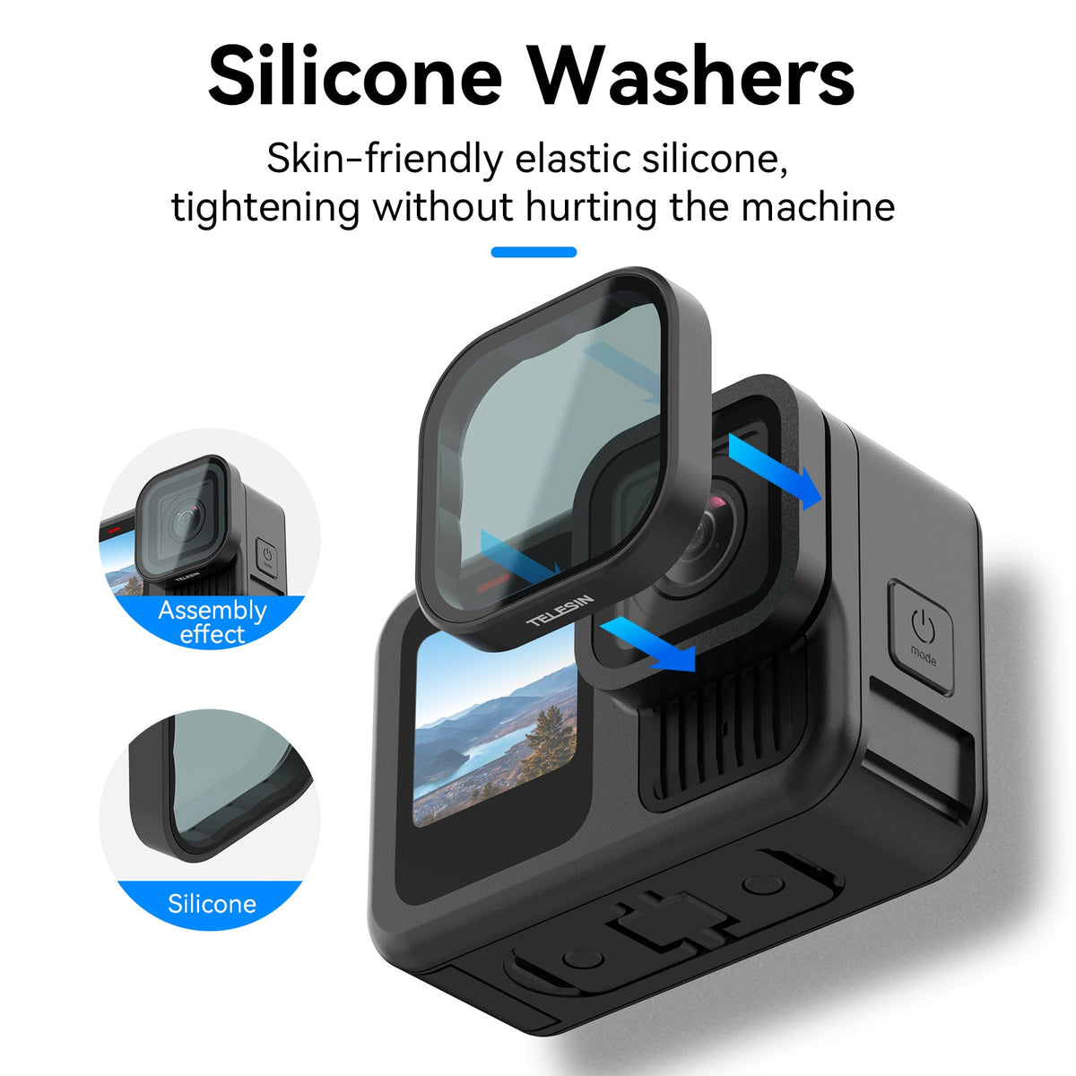 Silicone inner ring on TELESIN Hero 13 filter providing tight gap free fit around camera lens