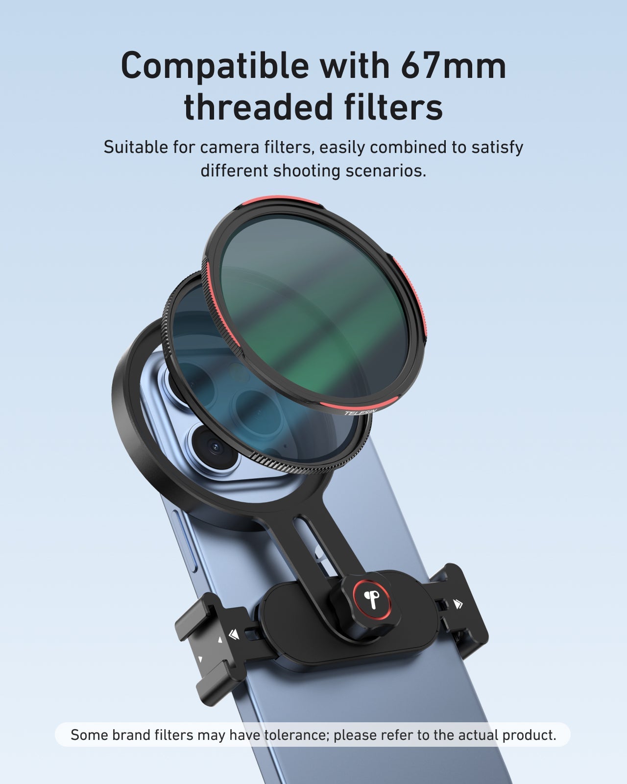 TELESIN Phone Filters Mount installed on smartphone, showing adjustable mount for landscape and portrait filming