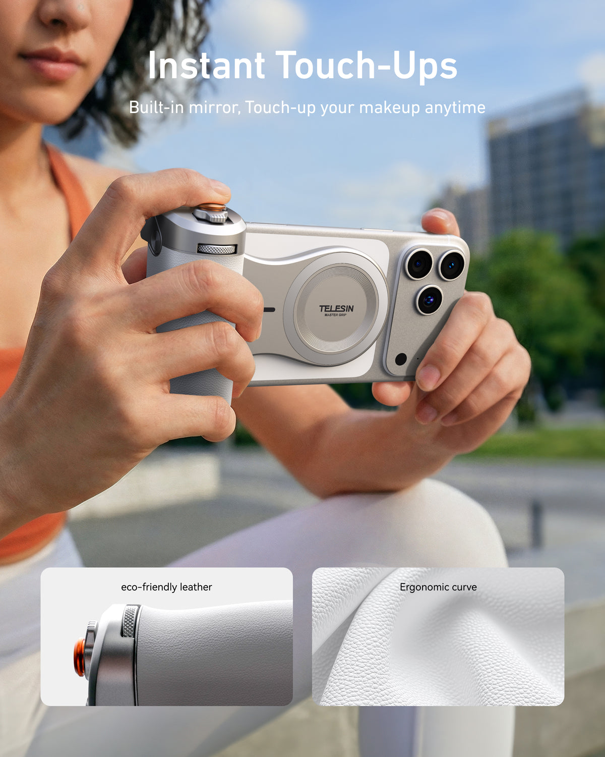 Creator vlogging outdoors with TELESIN Magnetic Pro Shot Imaging Camera Grip as a mobile phone camera grip for travel