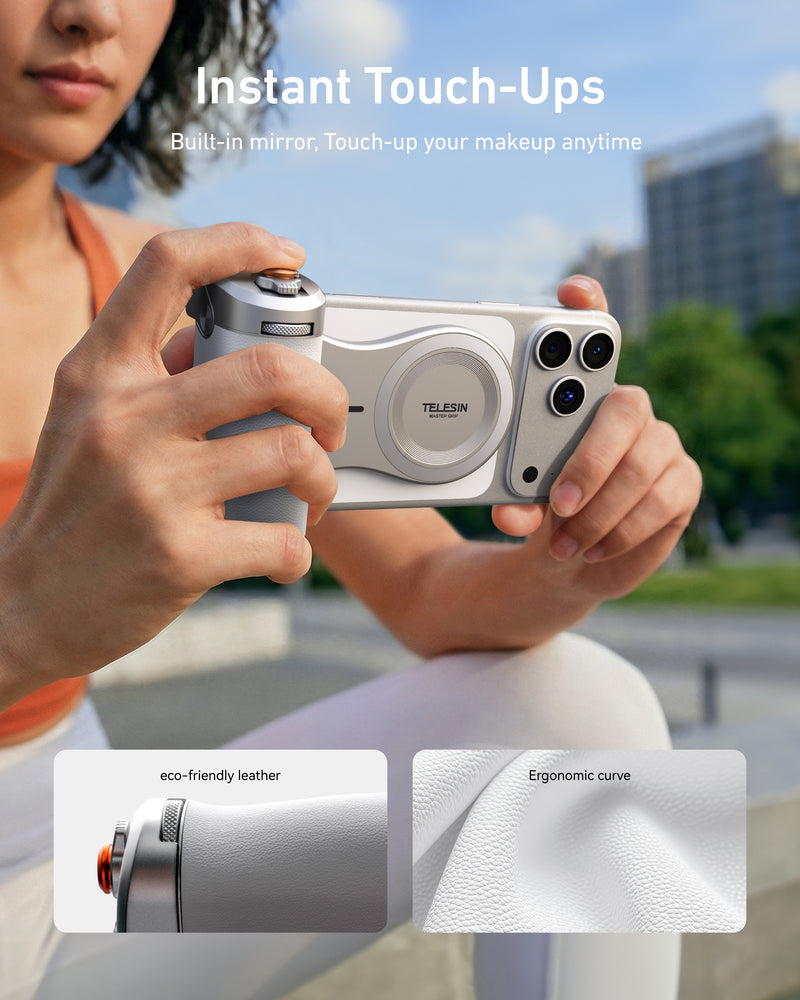 Creator vlogging outdoors with TELESIN Magnetic Pro Shot Imaging Camera Grip as a mobile phone camera grip for travel