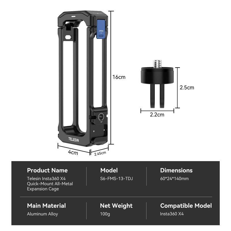 Telesin Full Metal Expansion Cage For Insta360 X4 telesinstore