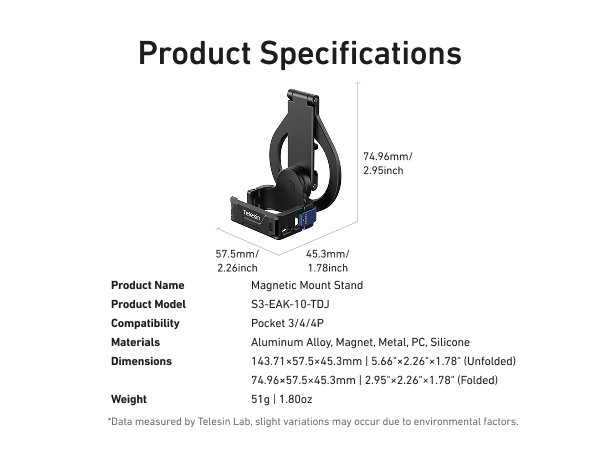 Telesin Magnetic Extension Frame Mount Stand For DJI Osmo Pocket 4P/ 4/ 3
