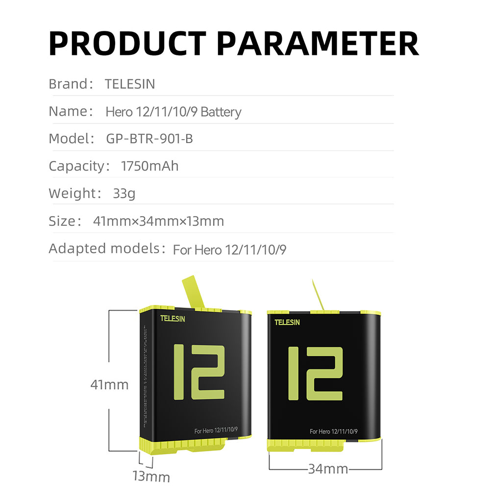 TELESIN-Chargeur de batterie 1750mAh pour GoPro 12, 12, 11, 10, 9, avec  stockage, charge rapide
