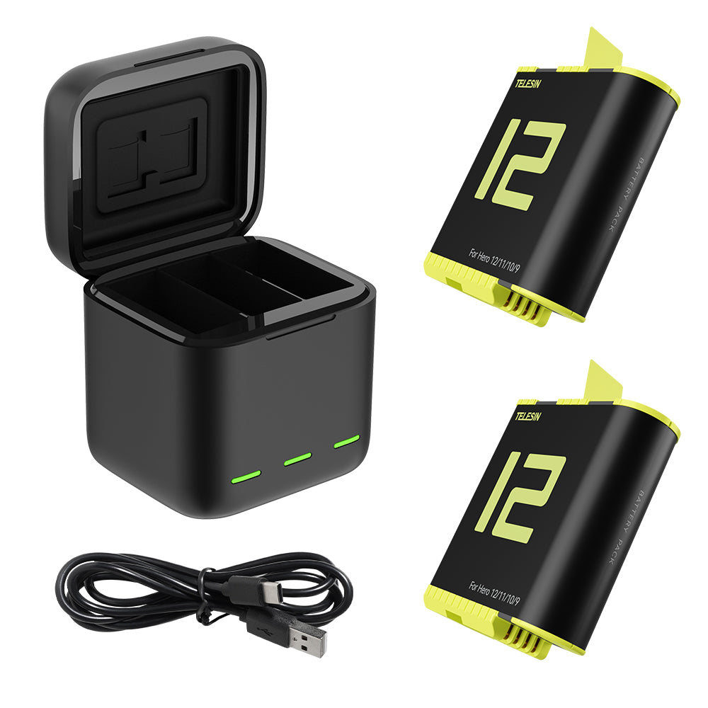 TELESIN 3 Slots LED Storage Charger Box with Extended Battery for GoPro Hero 12/11/10/9
