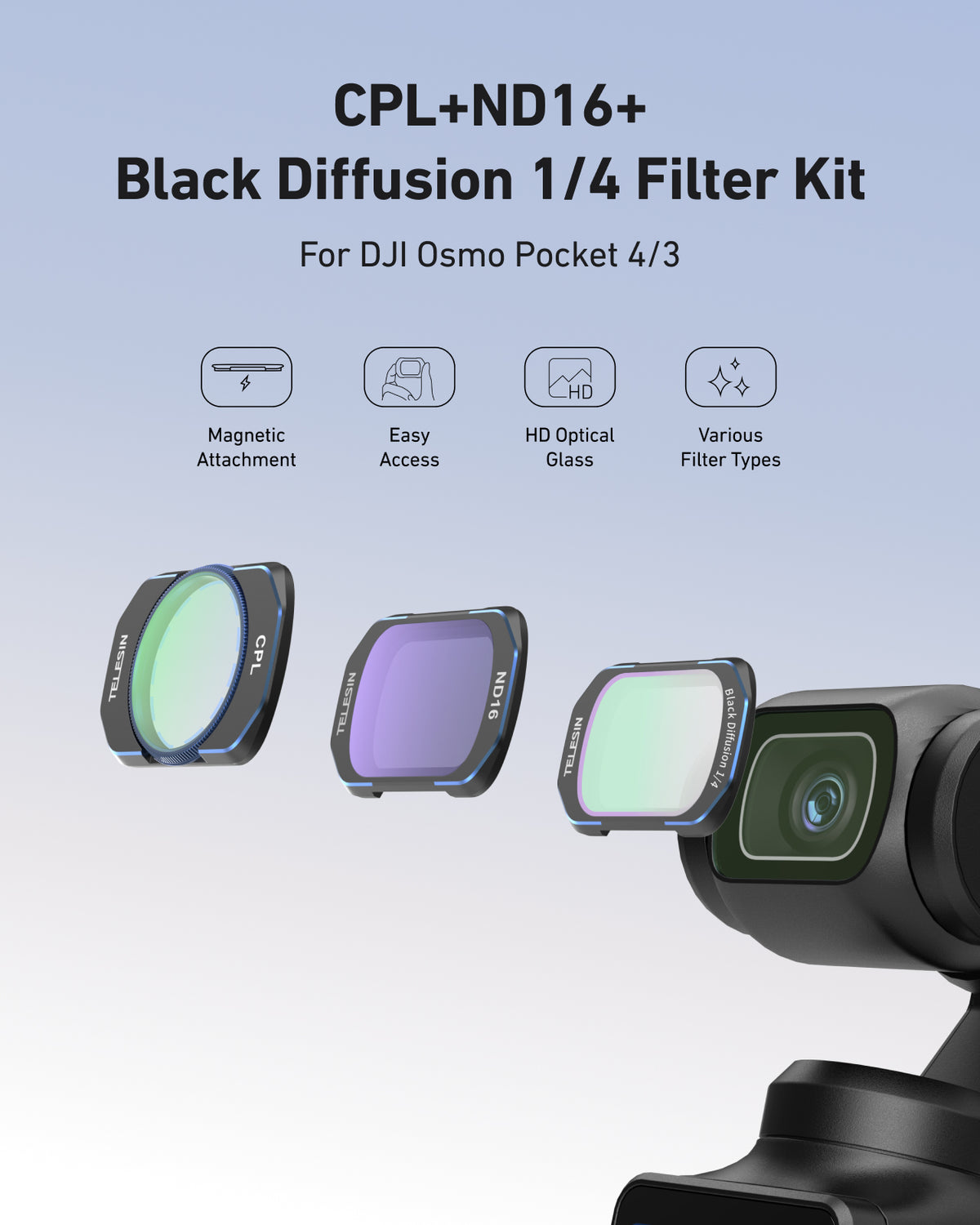Telesin CPL+ ND16+ 1/4 Black Mist Filter Kit For DJI Osmo Pocket 4/3