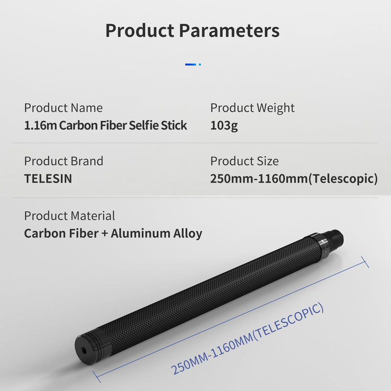 TELESIN 1.16m Carbon Fiber Selfie Stick - telesinstore