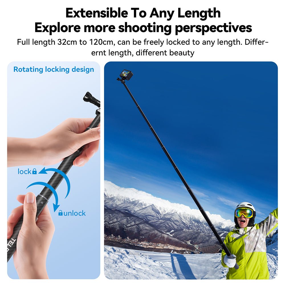TELESIN 1.2m Adjustable Carbon Fiber Selfie Stick - telesinstore