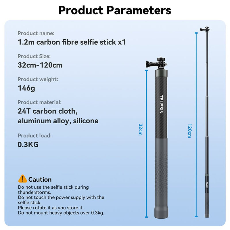 TELESIN 1.2m Adjustable Carbon Fiber Selfie Stick - telesinstore