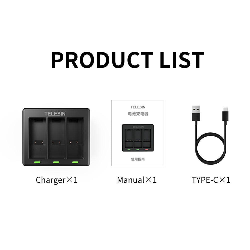TELESIN 3 Slots Charger for GoPro Hero 9/10/11/12 - telesinstore