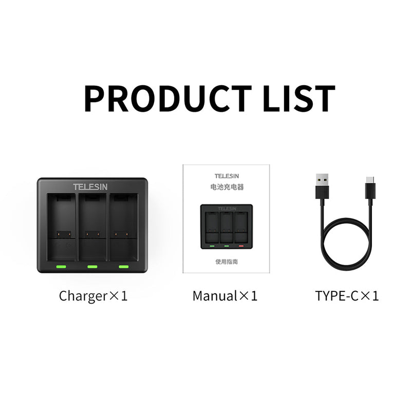 TELESIN 3 Slots Charger for GoPro Hero 9/10/11/12 - telesinstore