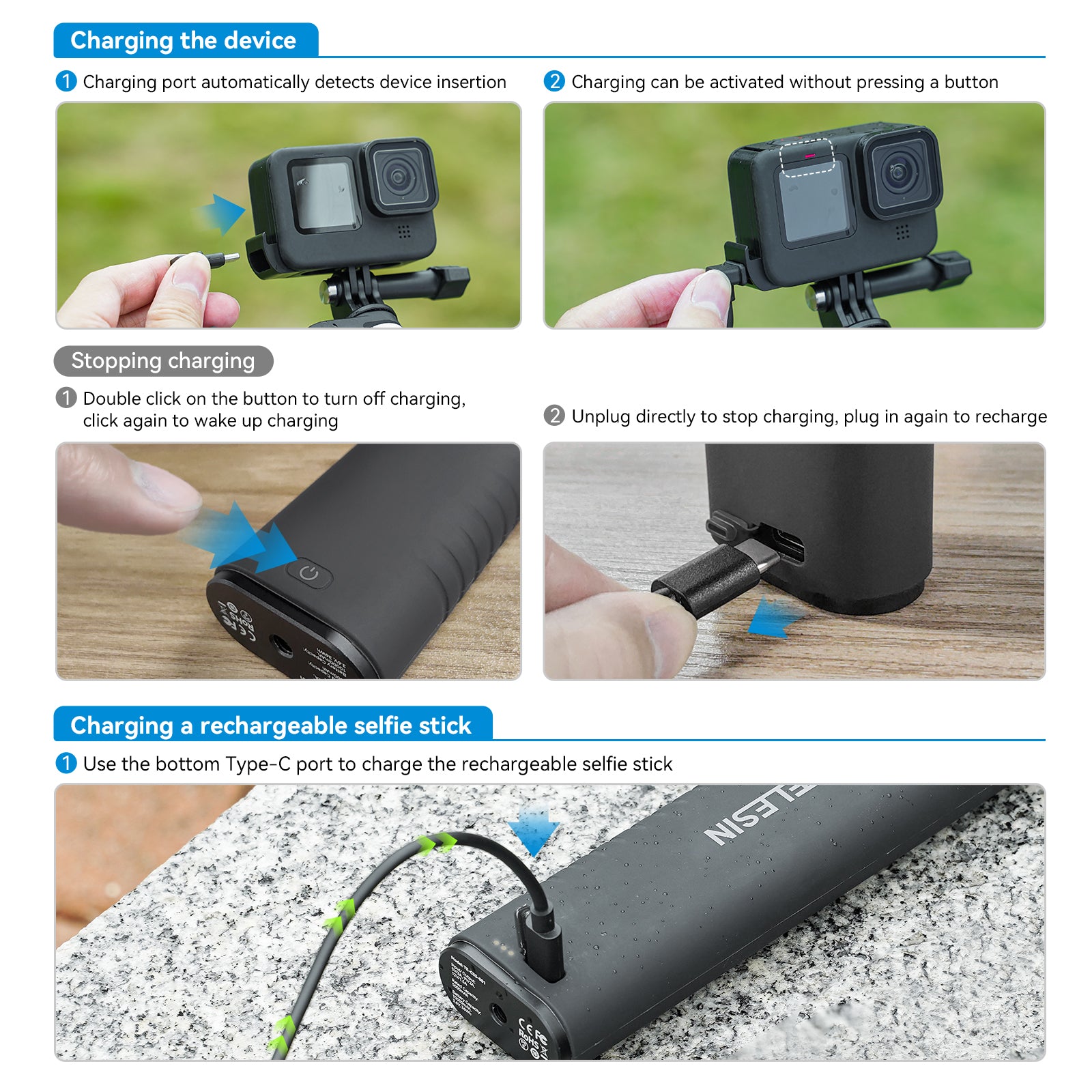TELESIN 10000mAh Rechargeable Selfie Stick with USB-C Charging Cable for Action Cameras/ Phones