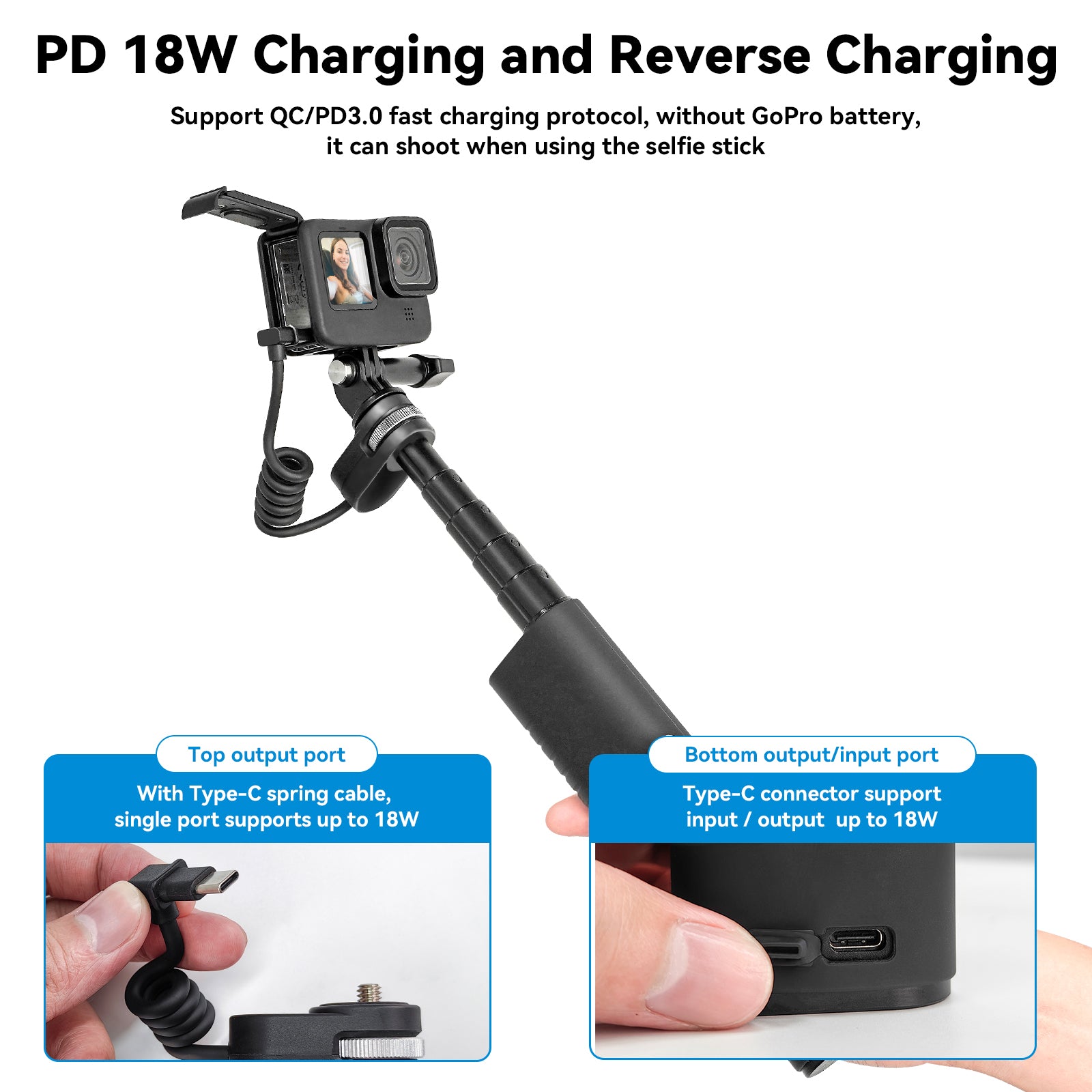 TELESIN 10000mAh Rechargeable Selfie Stick with USB-C Charging Cable for Action Cameras/ Phones