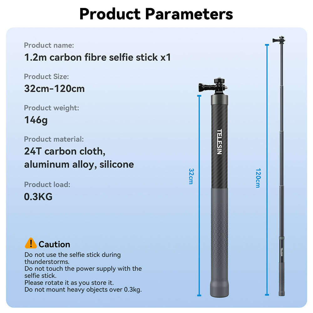 TELESIN 1.2m Adjustable Carbon Fiber Selfie Stick