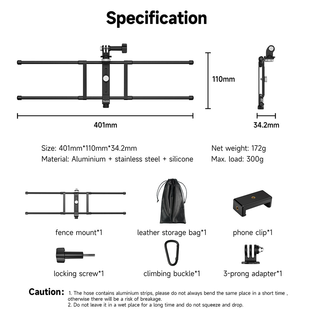 TELESIN Adjustable Universal Fence Mount for Action Cameras/ Phones TELESIN