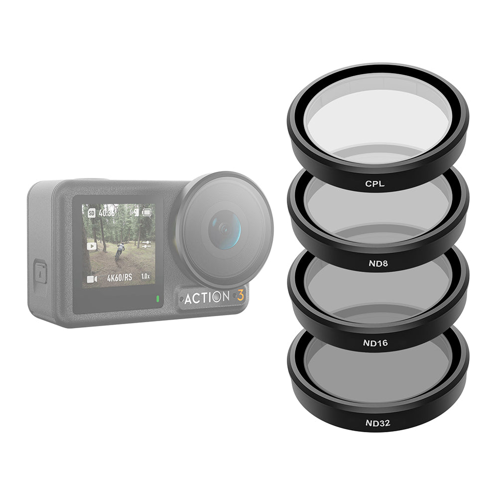 TELESIN CPL and ND8 ND16 ND32 filter set mounted on DJI Action 3 in bright outdoor light