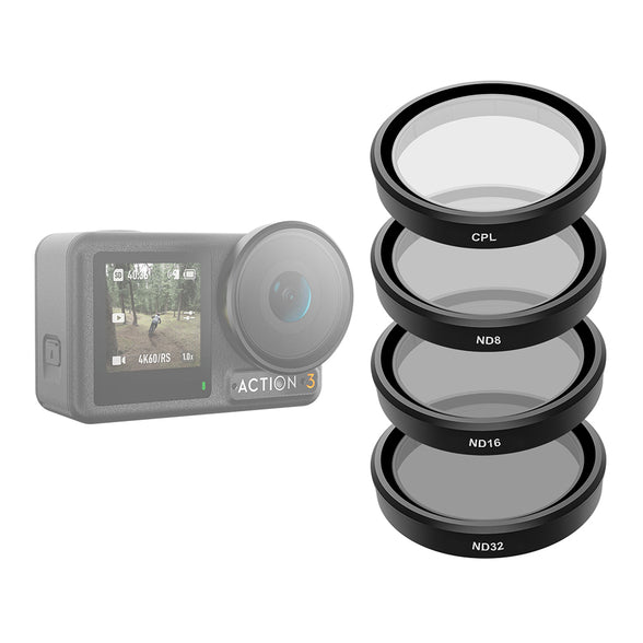 TELESIN CPL and ND8 ND16 ND32 filter set mounted on DJI Action 3 in bright outdoor light