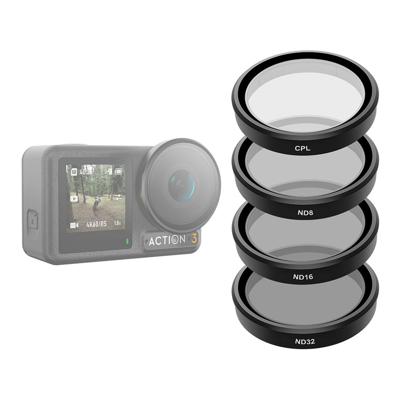 TELESIN CPL and ND8 ND16 ND32 filter set mounted on DJI Action 3 in bright outdoor light